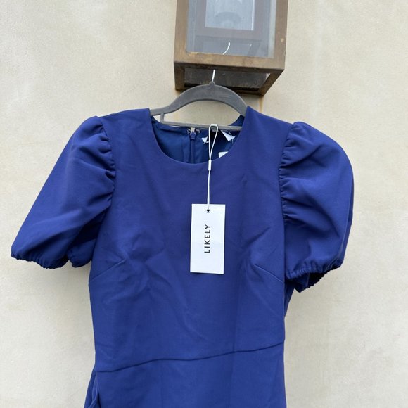 Likely Malta Bodycon Mini Dress Blue Asymmetric Ruffle Skirt Puff Sleeves Sz 6 - Picture 4 of 9